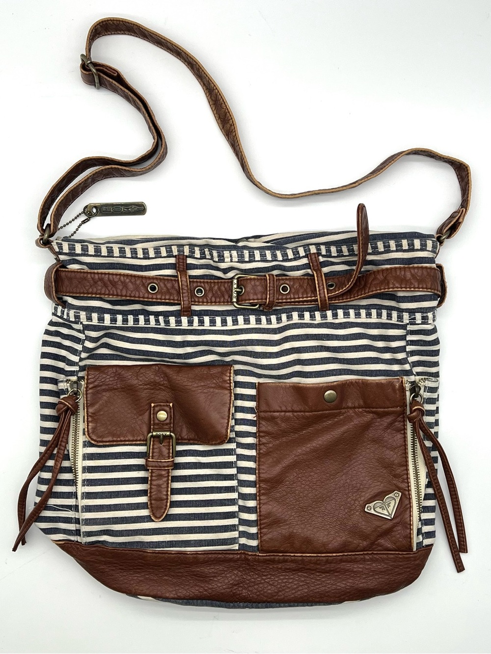 Roxy Striped Canvas Faux Leather Crossbody Bag Boho Surf Style